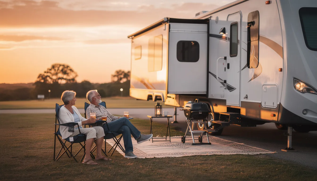 A retired couple is enjoying a peaceful moment outside their large fifth wheel RV, surrounded by the warm glow of a sunset. They sit comfortably in camping chairs, showcasing the ample space and inviting atmosphere of their towable RV, perfect for weekend getaways.