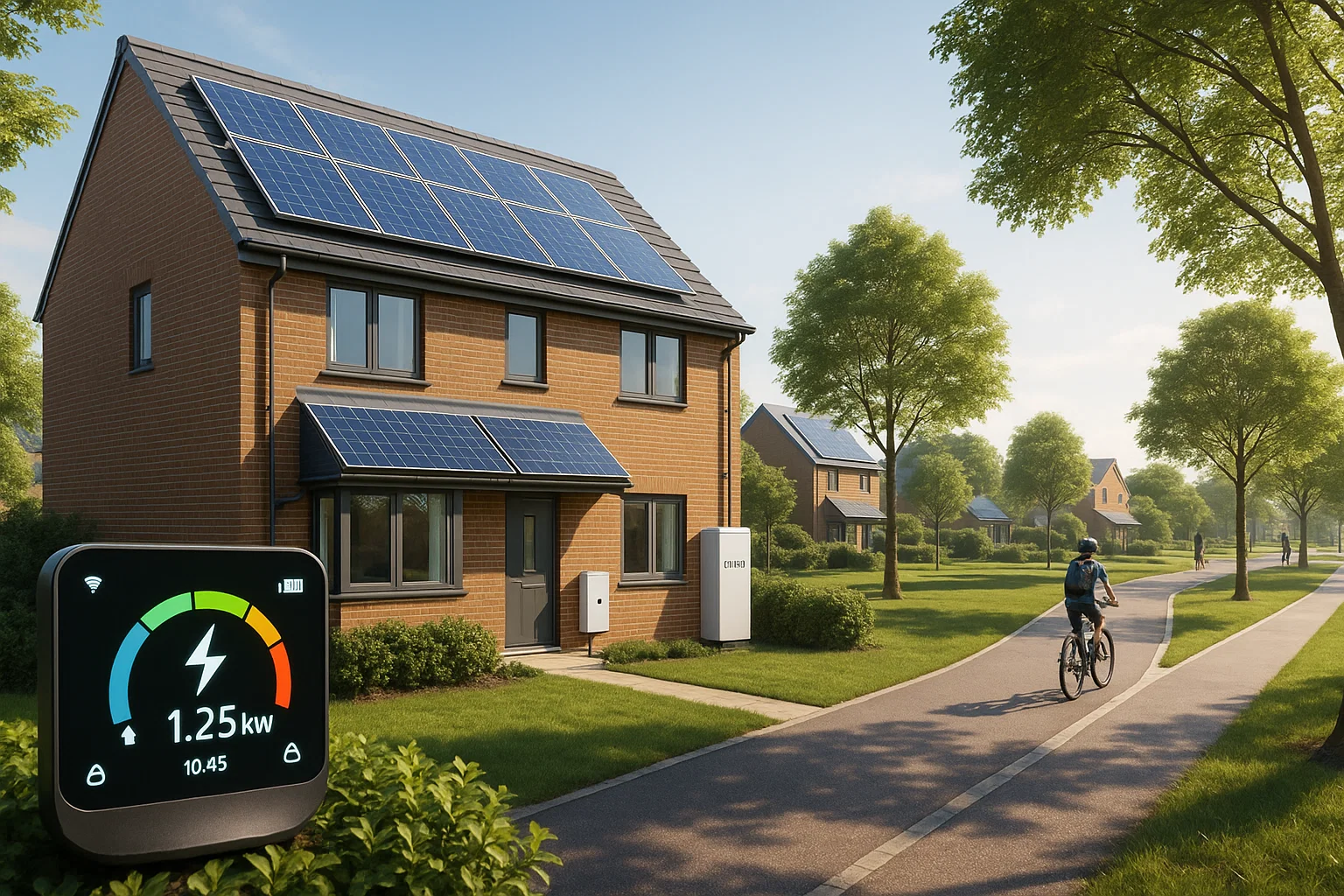 Future of eco homes in the UK featuring renewable energy, smart technology, and sustainable community living.