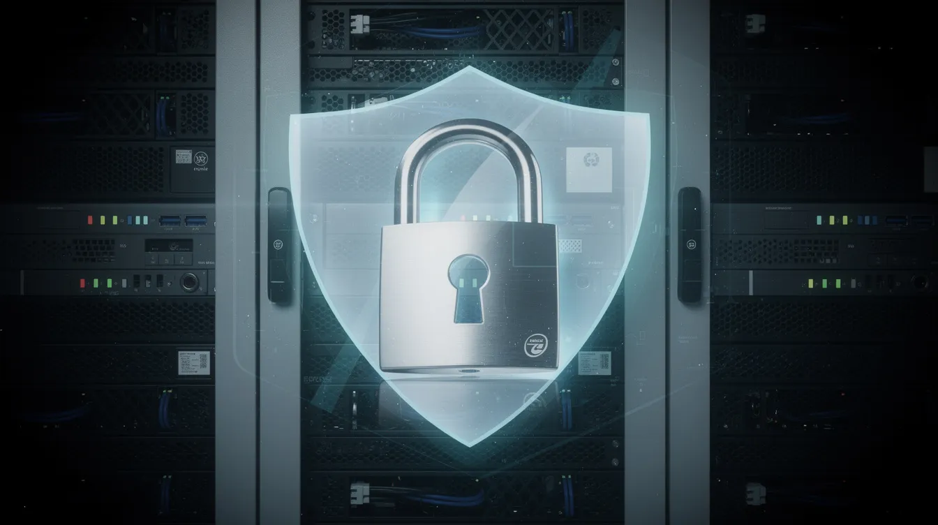 The image features a secure padlock symbol prominently displayed over server hardware, symbolizing robust security measures essential for web hosting services, particularly for ecommerce hosting and online stores. This visual representation emphasizes the importance of protecting customer data and payment information in today's digital landscape.