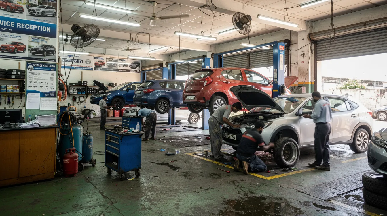 4104180d 9b5c 4b37 8999 0d89b2513479 The image depicts a bustling Indian automobile service center, where multiple cars are being repaired and serviced by skilled mechanics. This automotive business thrives in the competitive market, catering to vehicle owners seeking essential automotive services.