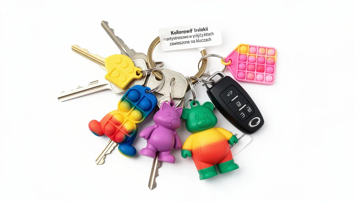 Na zdjęciu widoczne są kolorowe breloki antystresowe w różnych kształtach, zawieszone na kluczach. Te zabawki antystresowe są idealne do regularnego używania, pomagając w radzeniu sobie ze stresem w codziennym życiu.