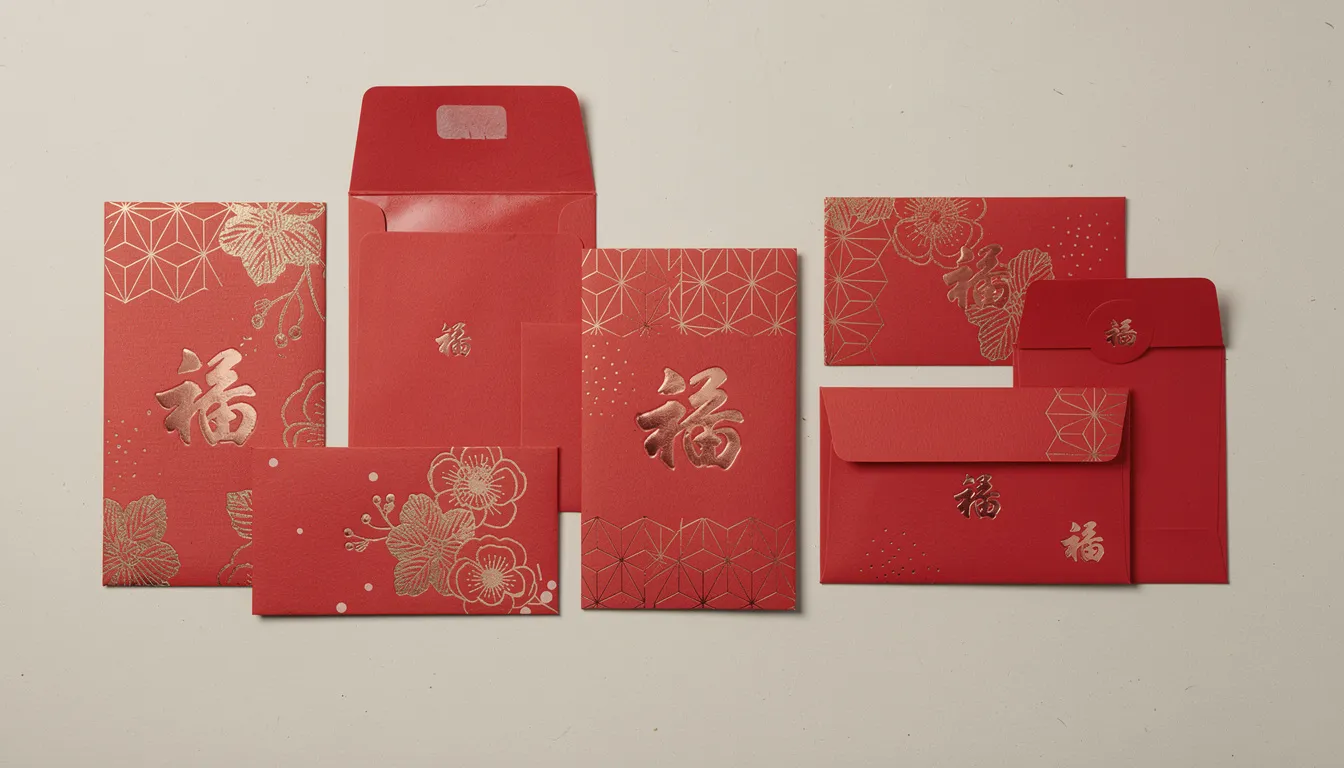 A flat lay arrangement showcases various red envelope designs, featuring intricate patterns and foiling techniques, symbolizing good luck and prosperity during the Chinese New Year holiday. These traditional red packets, often used for giving lucky money, reflect the rich culture and customs associated with the celebration, including the avoidance of coins and the importance of good wishes for family and friends.