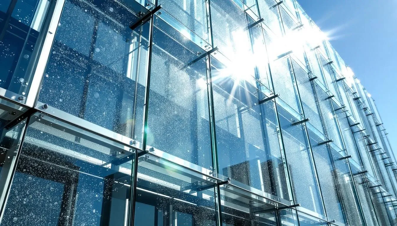 The image depicts a large glass curtain wall system commonly found in modern commercial buildings, showcasing the sleek design of toughened glass panels. This structure is indicative of potential nickel sulphide inclusion issues that can lead to spontaneous breakage, emphasizing the importance of heat soaking processes in reducing such risks.