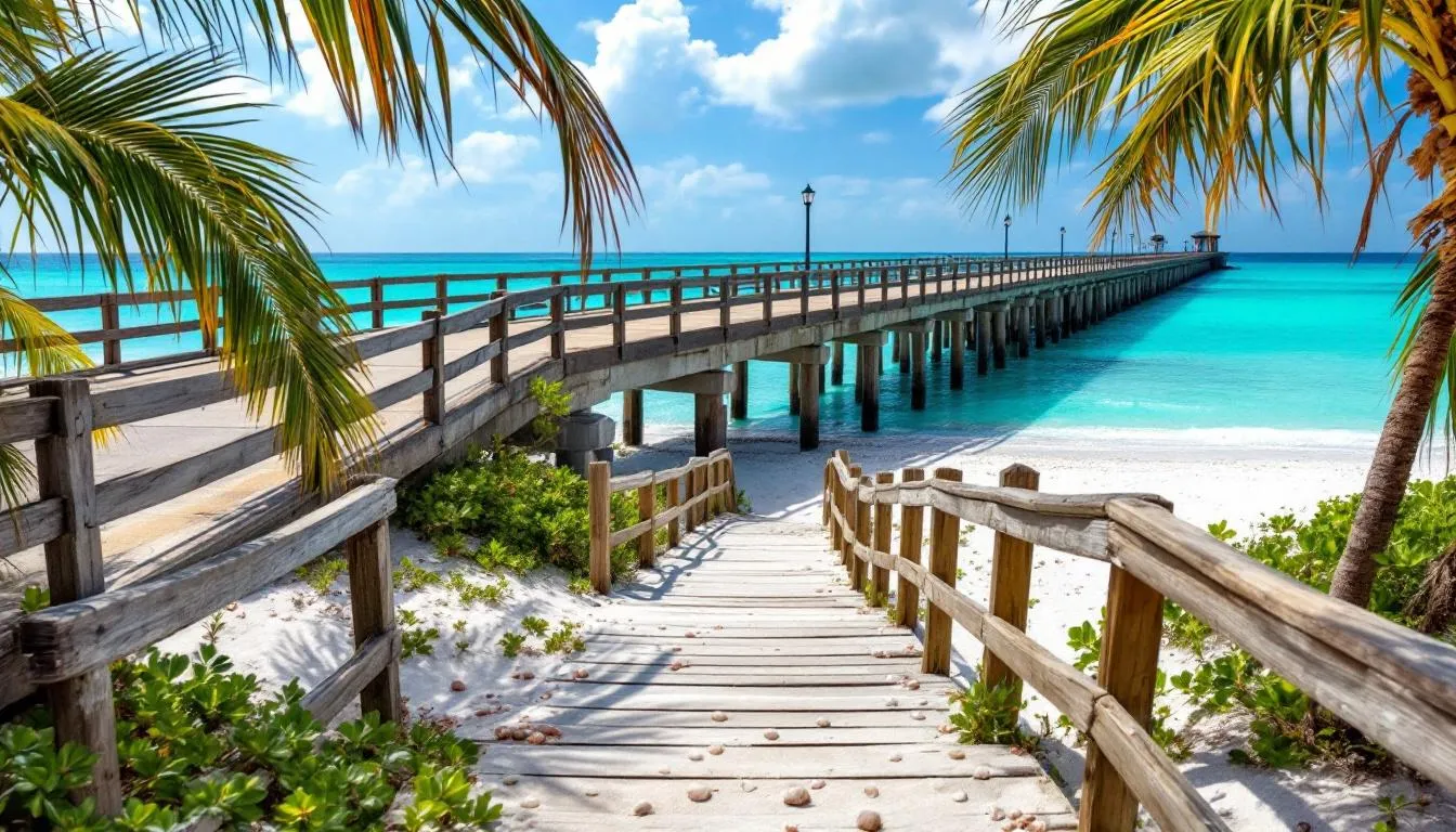 The image showcases the Sanibel Island causeway leading to a serene beach access point, framed by pristine white sand and a clear blue sky, embodying the idyllic island lifestyle. This picturesque scene highlights the effortless island access that Sanibel Island is renowned for, inviting visitors to enjoy the world-class beaches celebrated in the area.