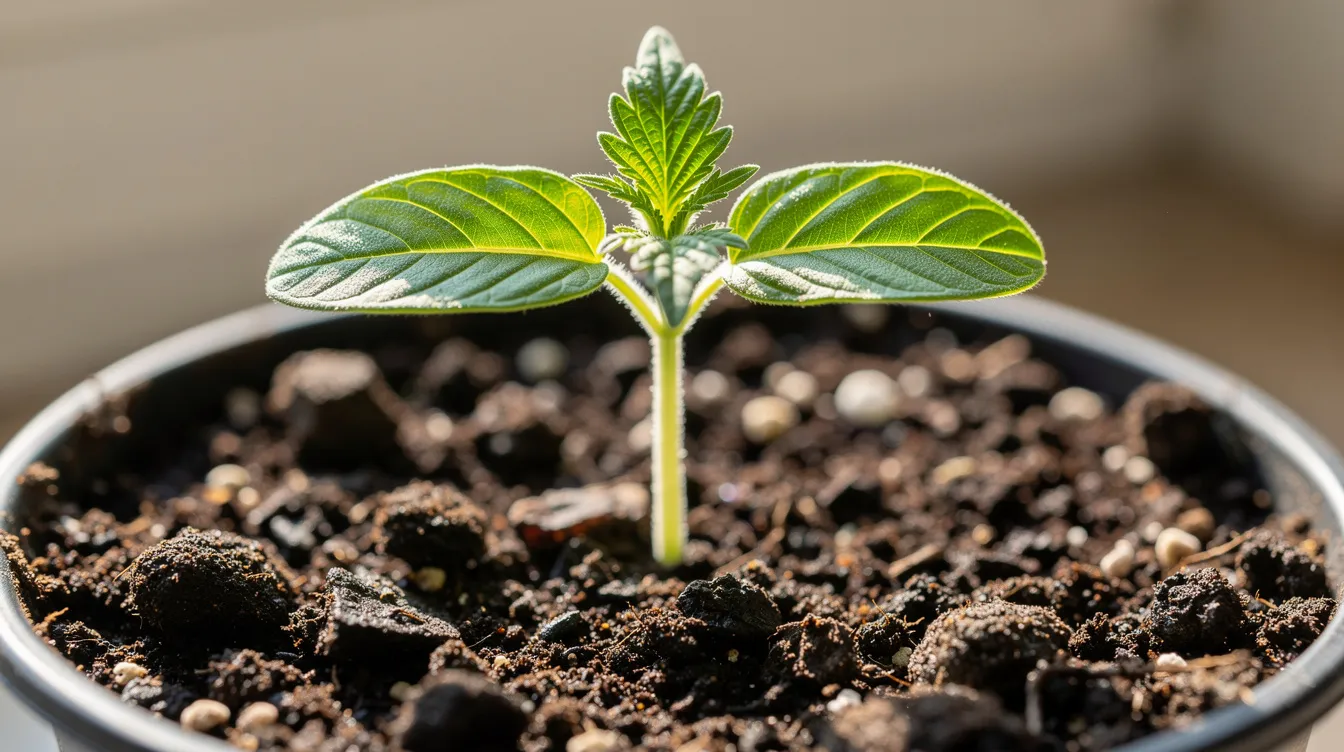 A young cannabis seedling is emerging from dark, nutrient-rich soil in a small pot, showcasing its delicate leaves that indicate healthy plant growth. This image highlights the early stages of cannabis cultivation, essential for beginners learning how to grow cannabis indoors.