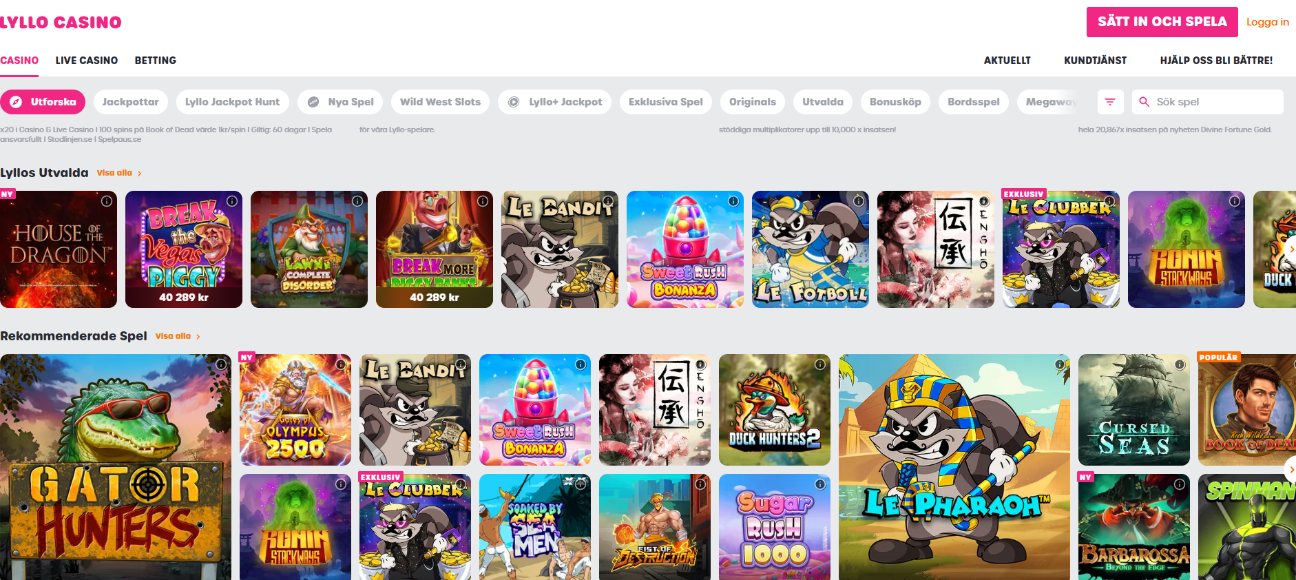 Spelutbudet hos Lyllo Casino med slots, rekommenderade spel och olika spelkategorier.