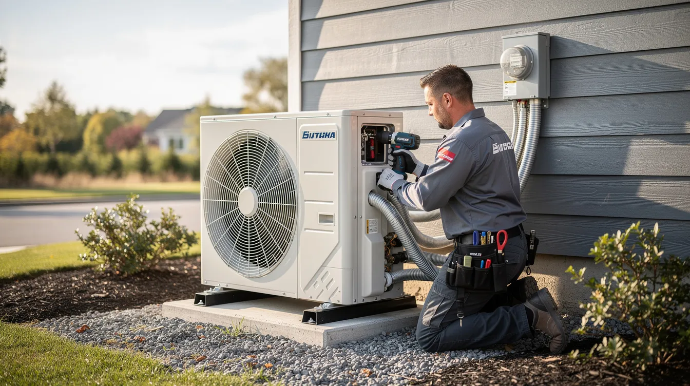An HVAC technician in a work uniform is installing an outdoor heat pump unit on a concrete pad, ensuring proper electrical wiring and refrigerant lines for optimal performance. This professional installation is crucial for maximizing the efficiency of the heat pump system in varying outdoor temperatures.