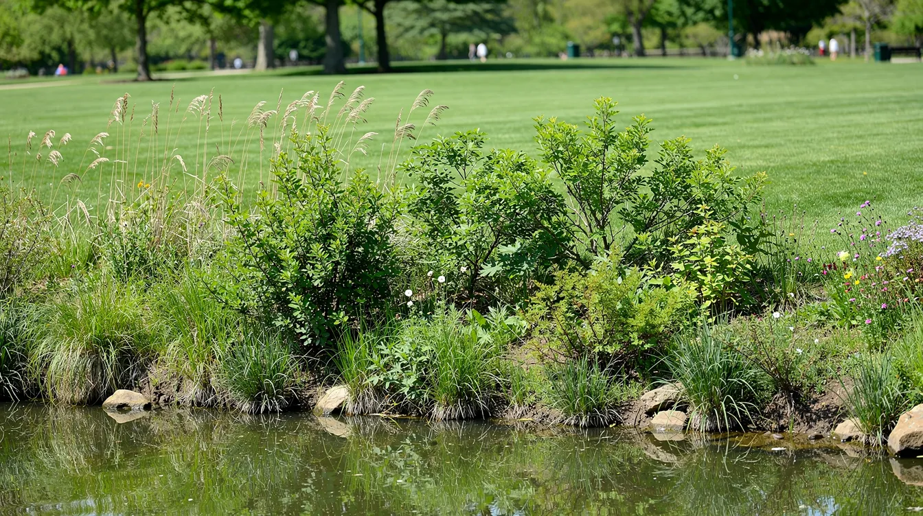 The image depicts a naturalized shoreline buffer featuring tall native grasses and dense shrubs that effectively separate a serene pond from a well-mowed park lawn, providing a habitat that can help manage resident Canada geese populations and reduce goose problems in urban areas. This lush vegetation serves as a natural deterrent to discourage geese from frequenting the park, promoting a healthier environment for both wildlife and human visitors.