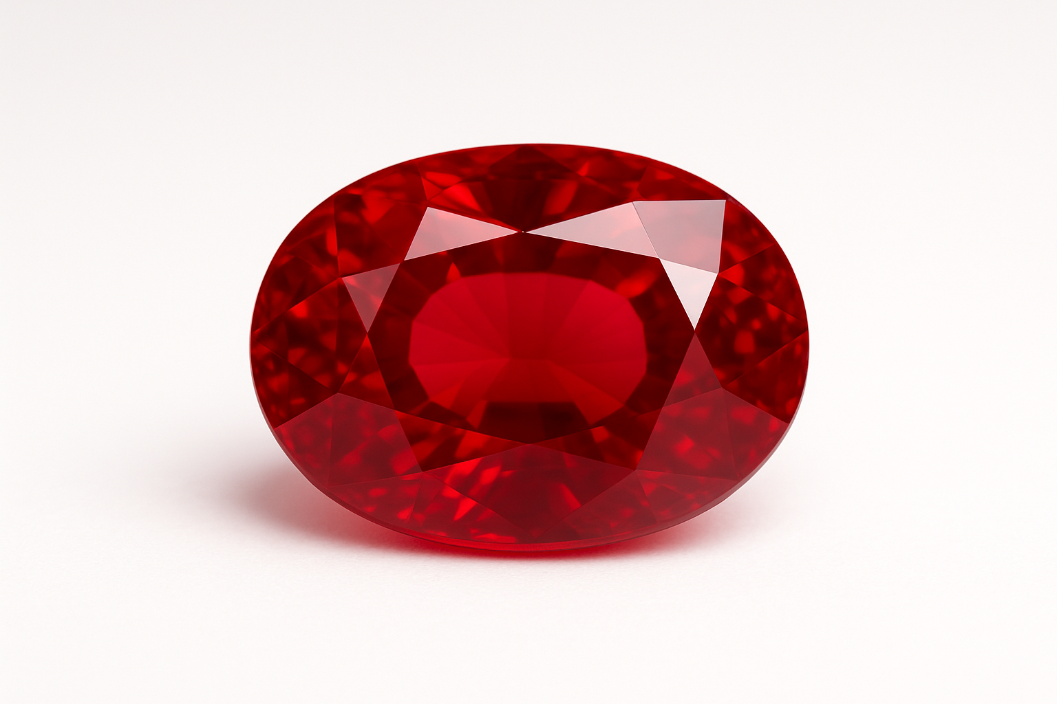 Ryškiai raudonos spalvos ovalo formos rubinas ant balto fono. Brangakmenis spindi sodriu „Pigeon Blood“ atspalviu
