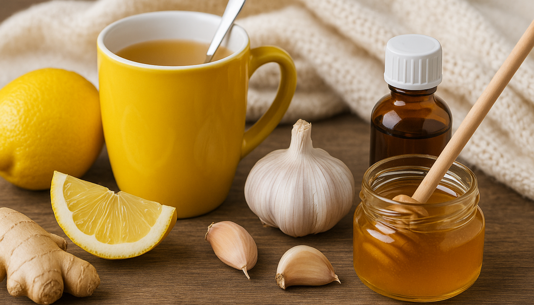 Naturlige midler mot forkjølelse med honning, sitron, ingefær, hvitløk og varm drikk på trebord i koselig lys.