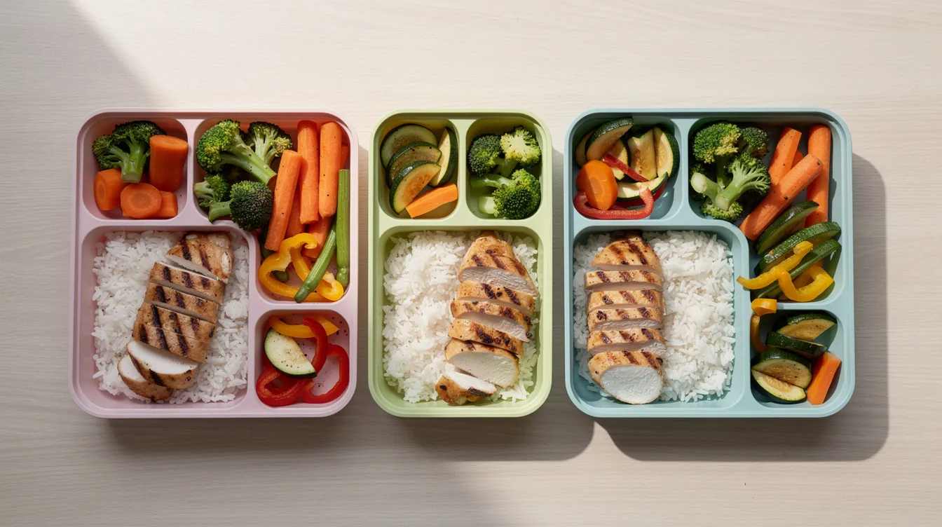 Fünf bunte Meal-Prep-Boxen stehen nebeneinander und enthalten eine abwechslungsreiche Auswahl an Gerichten, darunter Reis, Gemüse und Hähnchen. Diese gesunden Mahlzeiten sind ideal für eine ausgewogene Ernährung und unterstützen Fitnessziele wie Muskelaufbau und Gewichtsreduktion.