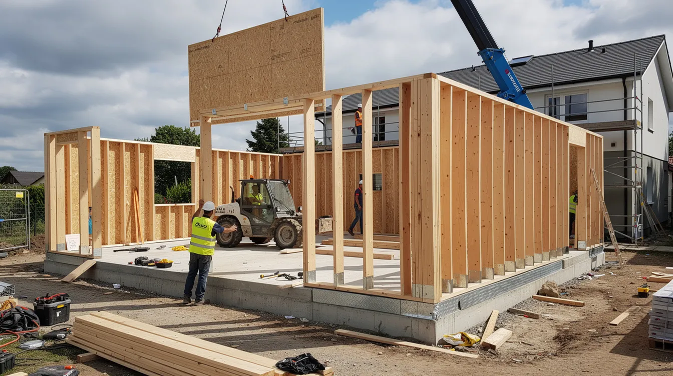 Sur le chantier d'extension bois à Nantes, des murs en ossature préfabriqués sont en cours de pose, illustrant le savoir-faire des spécialistes en construction. Ce projet d'agrandissement vise à créer un espace confortable pour une famille, avec des matériaux respectueux de l'environnement.