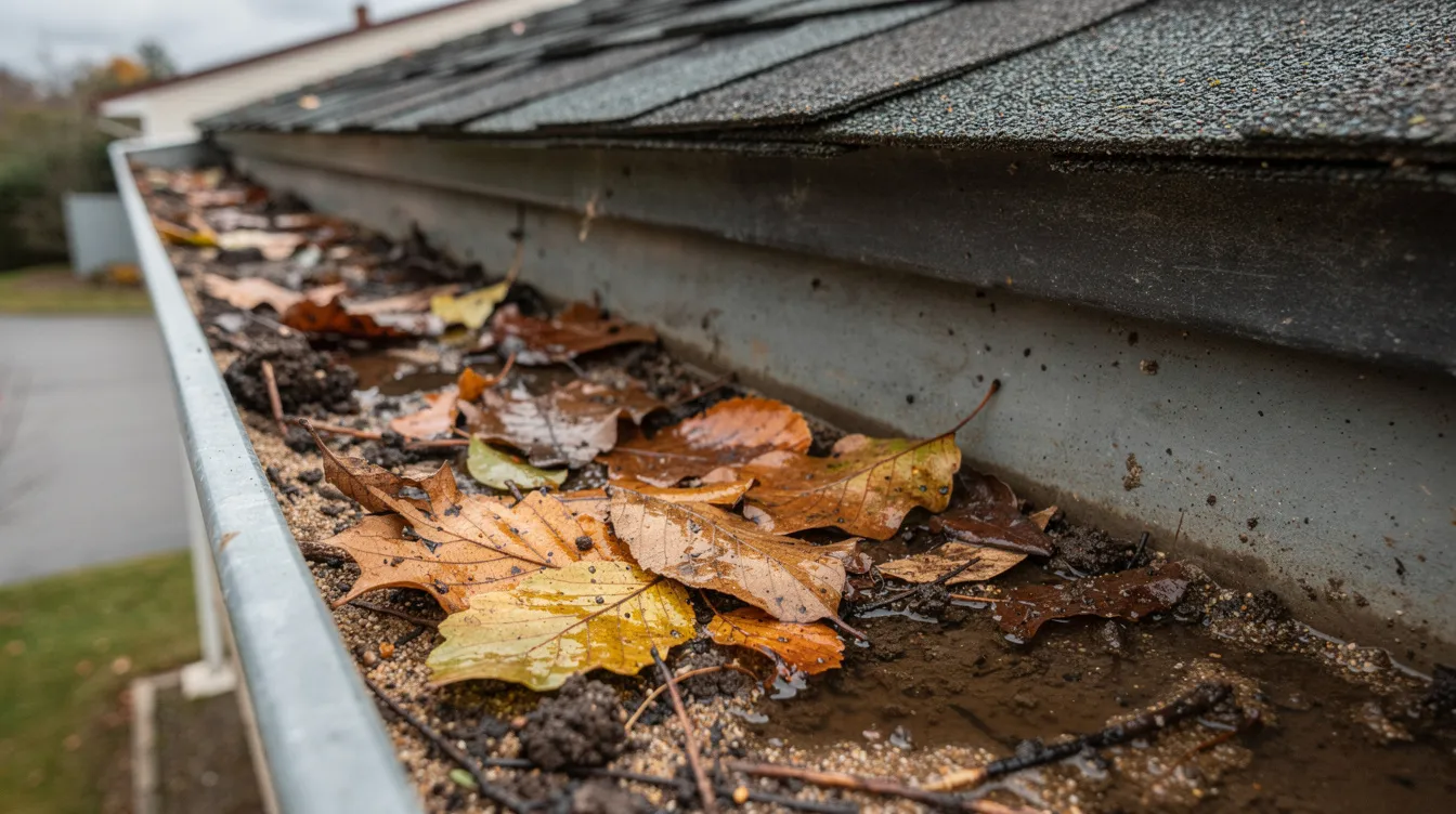 The image shows a residential gutter trough overflowing with wet leaves, twigs, and sediment, indicating a need for professional gutter cleaning. This buildup can lead to water damage and clogs, highlighting the importance of regular maintenance for effective gutter systems.