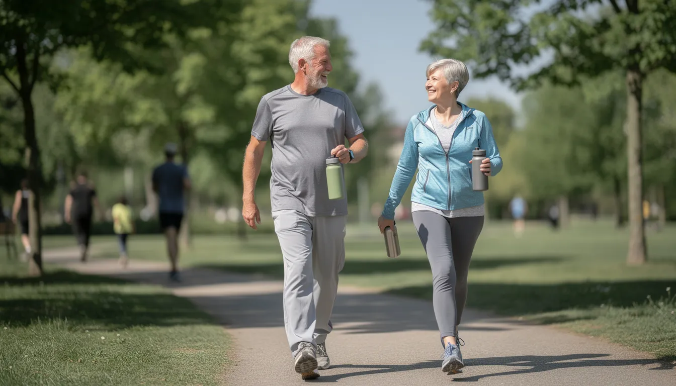 An active older adult couple is walking together in a vibrant park, showcasing healthy aging and the importance of physical activity for maintaining cardiovascular health and metabolic health. Their outdoor exercise highlights the potential benefits of a lifestyle that includes regular movement, which can be complemented by dietary supplements like NMN (nicotinamide mononucleotide) for enhanced energy production and overall well-being.