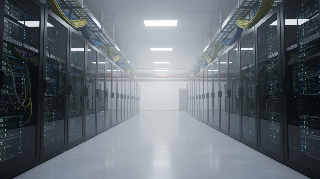 L'image montre un centre de données moderne, avec des rangées de serveurs illuminés, reflétant l'importance de l'infrastructure dans le domaine de l'intelligence artificielle et du stockage de données. Cet environnement technologique est essentiel pour les entreprises qui s'appuient sur des solutions avancées pour la gestion et l'analyse des big data.