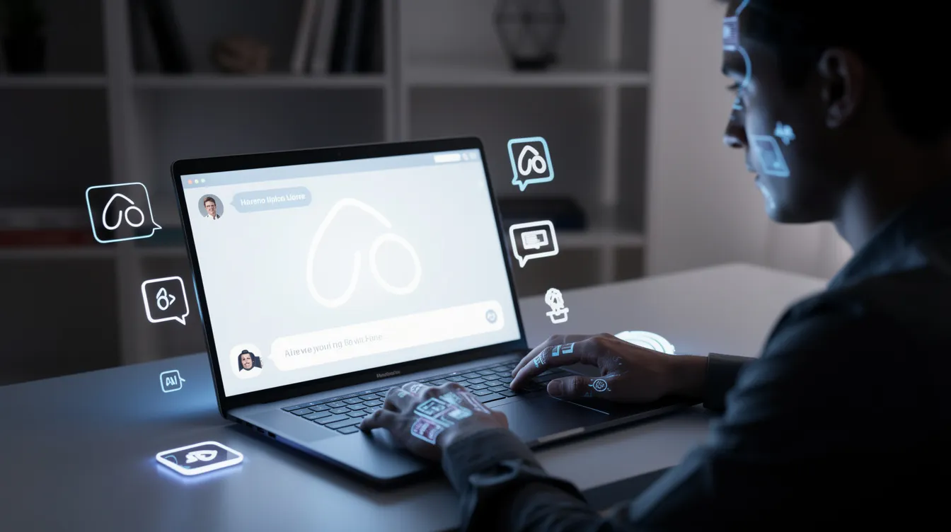 An individual is seated at a desk, engaged with a laptop that displays a glowing AI assistant interface, showcasing AI-generated answers and responses. The scene emphasizes the integration of AI tools into everyday tasks, highlighting the rise of AI-powered search and answer engines in digital marketing.