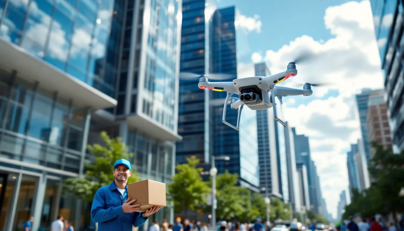 The image depicts a drone delivery operation in an urban environment, showcasing unmanned aircraft navigating through the airspace with the coordination of flight operators. This scene highlights the importance of safety and communication links in drone operations, particularly during BVLOS (beyond visual line of sight) flights, as they deliver packages while ensuring compliance with FAA regulations.