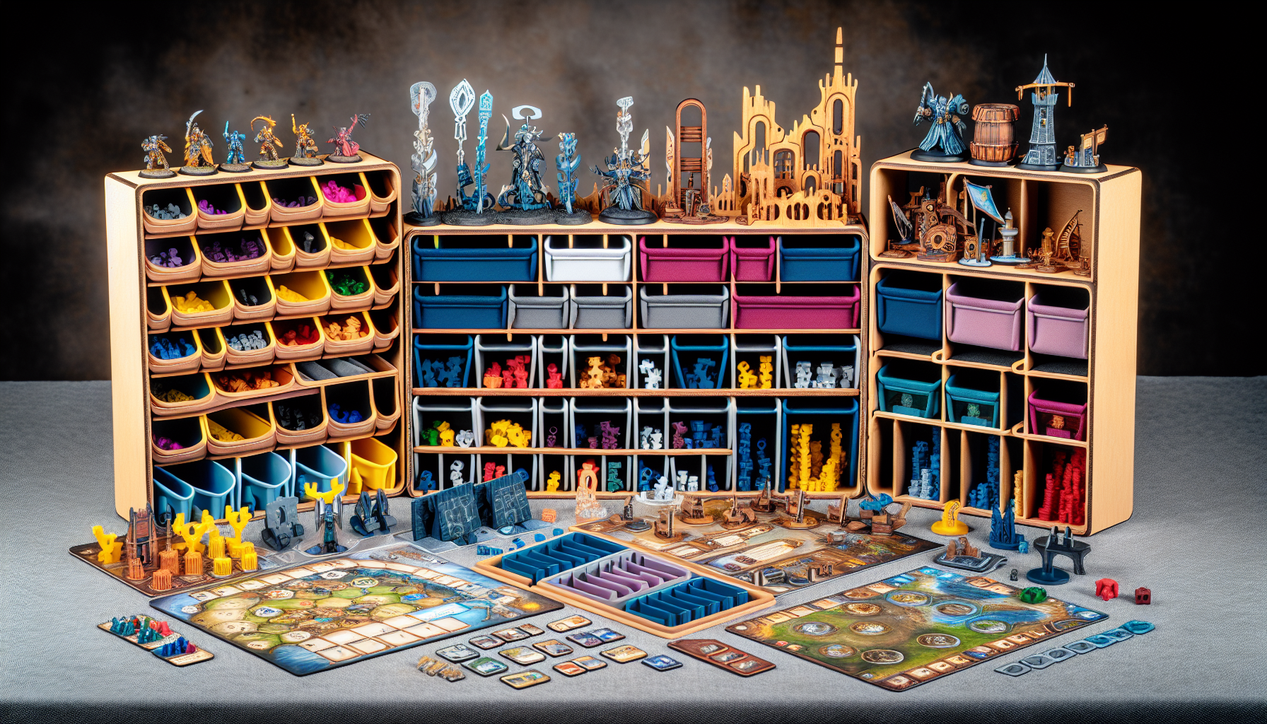 Various board game accessories including organizers, upgraded pieces, and immersive add-ons
