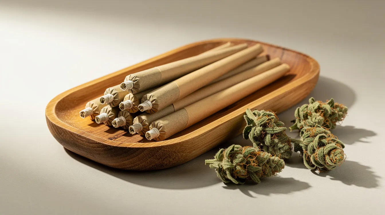 The image shows several hand-rolled CBD hemp pre-rolls neatly arranged on a natural wooden tray, accompanied by dried hemp flower buds, highlighting the organic hemp paper used in their creation. This setup emphasizes the natural essence of smokable hemp products, perfect for those seeking pain relief and relaxation.