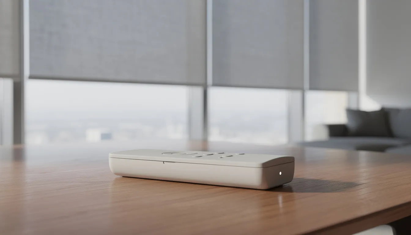 A sleek modern remote control device is resting on a table, while motorized window shades are visible in the background, providing stylish light control and privacy solutions for gable windows. The shades are designed to complement unique window shapes, enhancing the room's aesthetics and functionality.