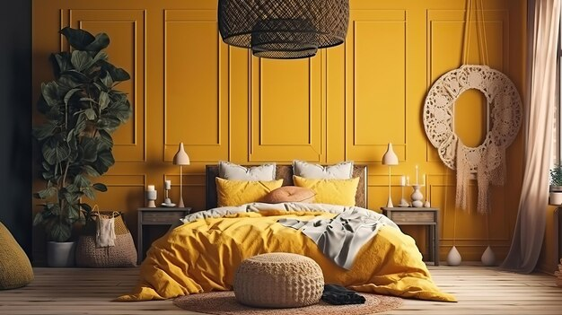 Kamar tidur tampil unik dan hangat dengan tema warna mustard via freepik.com