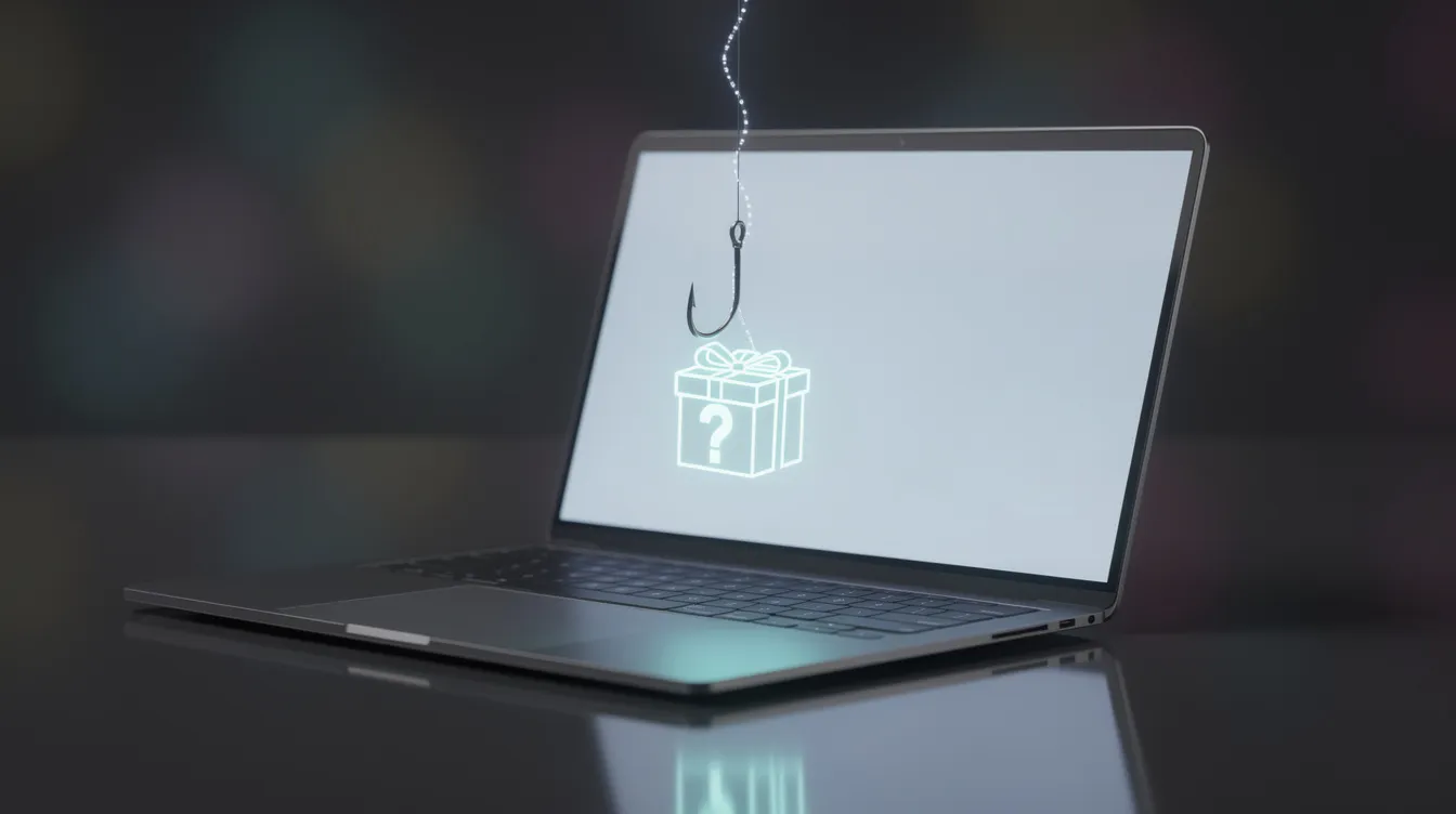 A sleek, hyper-modern laptop is open on a dark reflective surface, with a traditional metal fishing hook dangling from its screen by a glowing fiber-optic line. The hook holds a luminous gift box icon marked with a '?', symbolizing the deceptive tactics often used in social engineering attacks to trick users into revealing sensitive information.