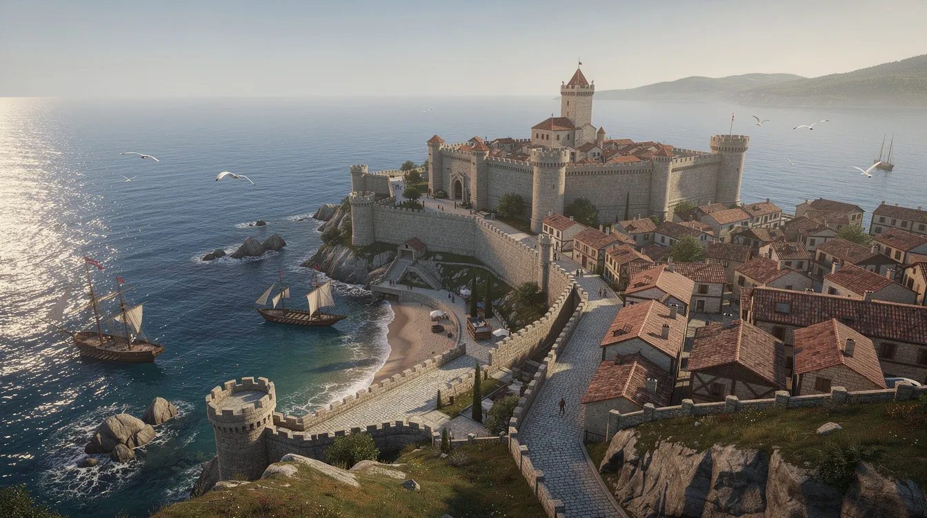 A imagem retrata uma vista panorâmica de uma cidade costeira medieval cercada por muralhas, com o mar Adriático em um tom azul vibrante ao fundo. Essa paisagem histórica destaca a beleza do litoral croata, refletindo a rica cultura e história da região.