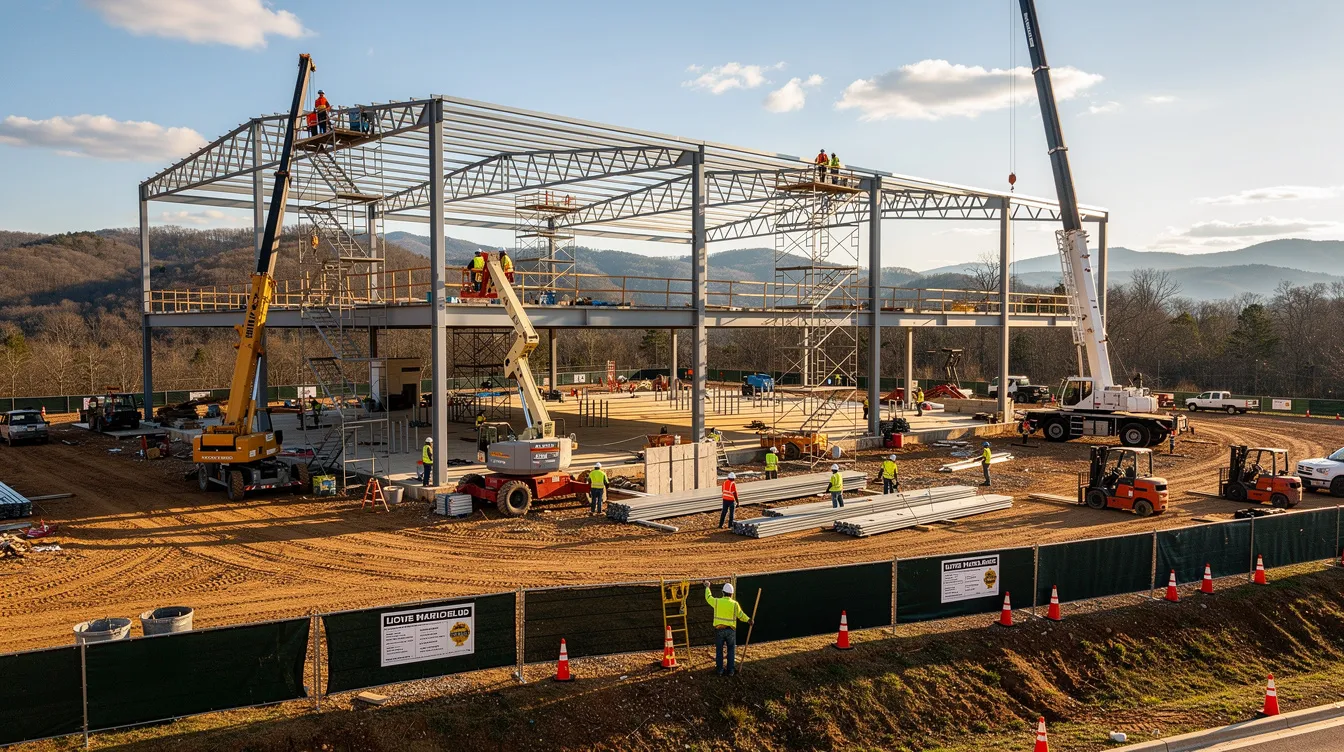 The image depicts a bustling commercial construction site in East Tennessee, featuring steel framing and workers actively engaged in their tasks, with majestic mountains rising in the background. This scene reflects the dynamic nature of business operations and the importance of clear contractual obligations among the parties involved to prevent future disputes.