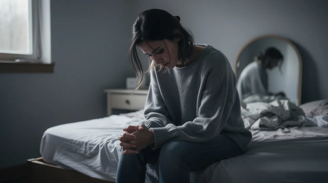 The image depicts a woman with a downcast expression, symbolizing low self-esteem often associated with toxic relationships. Her body language suggests feelings of self-doubt and emotional heaviness, reflecting the impact of past traumas and the complexity of navigating unhealthy relationships.