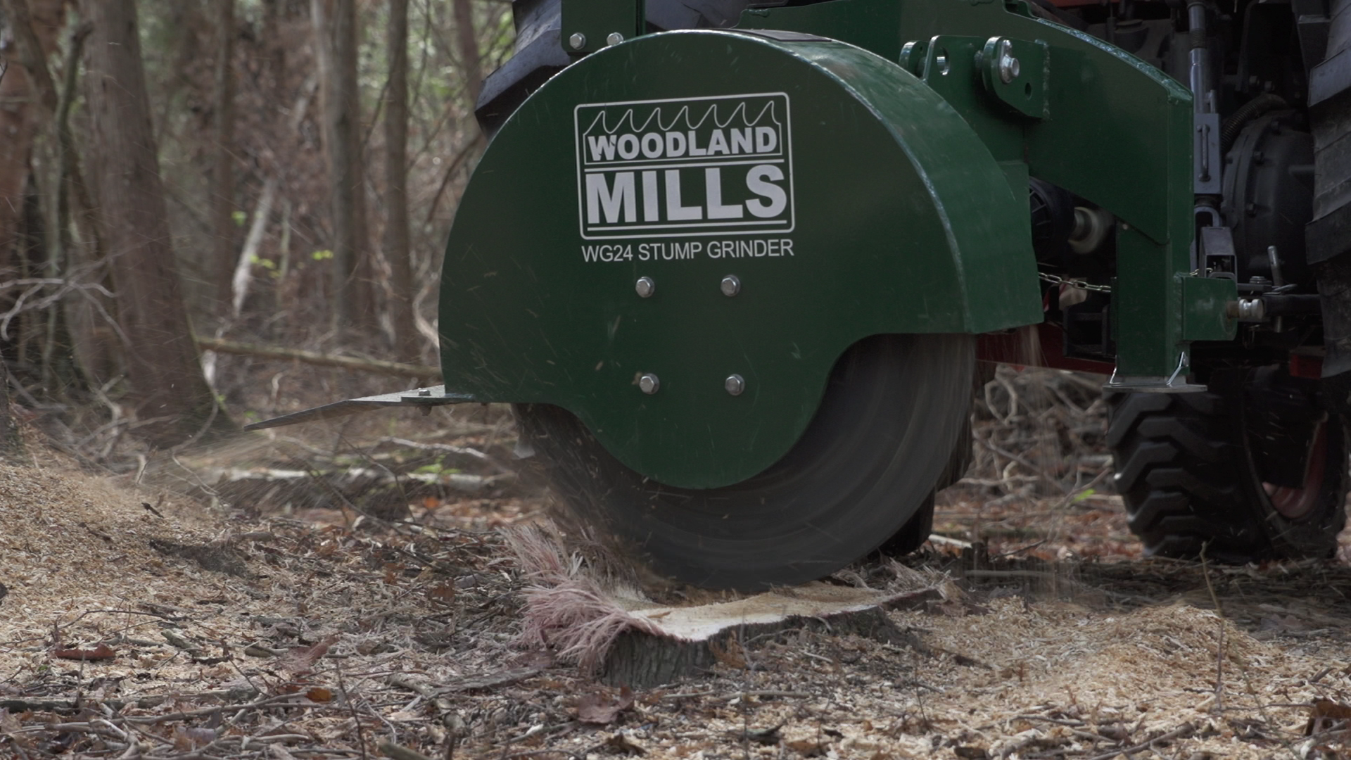 A Woodland Mills WG24 Stump Grinder digging a stump out of the ground. 