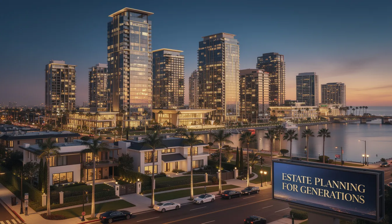 The image depicts a modern skyline of Orange County, symbolizing wealth and prosperity, which underscores the importance of estate planning for families. The scene highlights the need for experienced estate planning attorneys to help protect assets and secure a family's future through customized estate plans and proper planning.