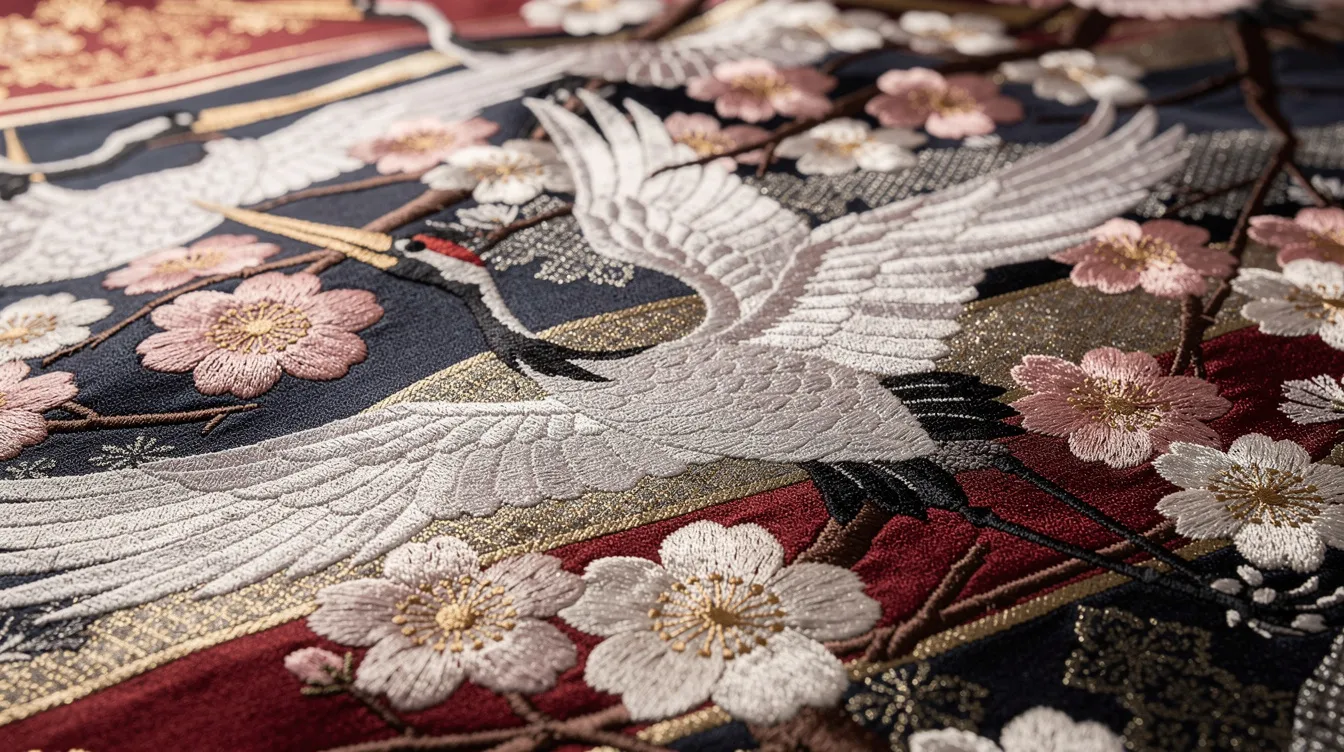This close-up image showcases a beautifully embroidered Japanese textile featuring cranes and cherry blossoms on luxurious silk fabric, highlighting the intricate patterns and traditional craftsmanship that reflect Japanese culture. The vibrant colors and detailed designs evoke the elegance often associated with haori jackets, which are commonly worn for both formal occasions and everyday wear.