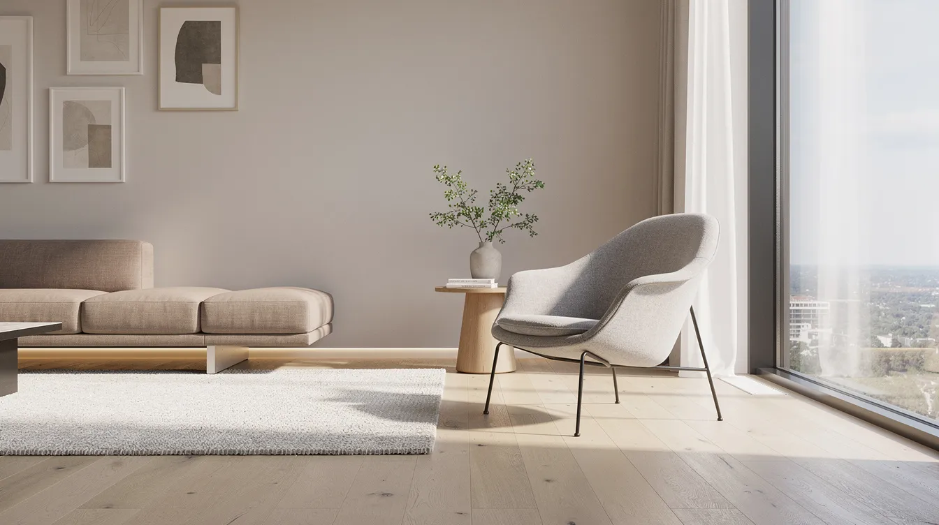Ett elegant vardagsrum med en modern loungestol i svart läder placerad vid ett fönster, vilket skapar en bekväm och stilren atmosfär. Fåtöljen, inspirerad av Bruno Mathsson, ger en känsla av både komfort och design i hemmet.