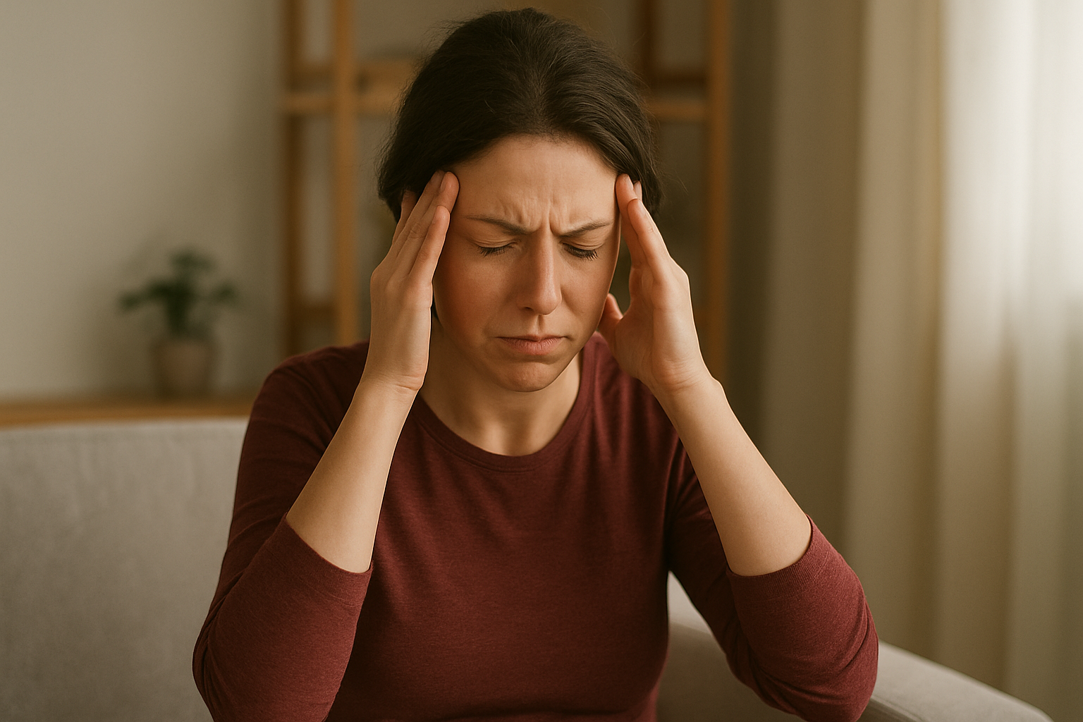 Kvinne med mørkt hår og lukket øyne holder seg til hodet i smerte, sittende på sofa i et rolig og dempet hjemmemiljø.