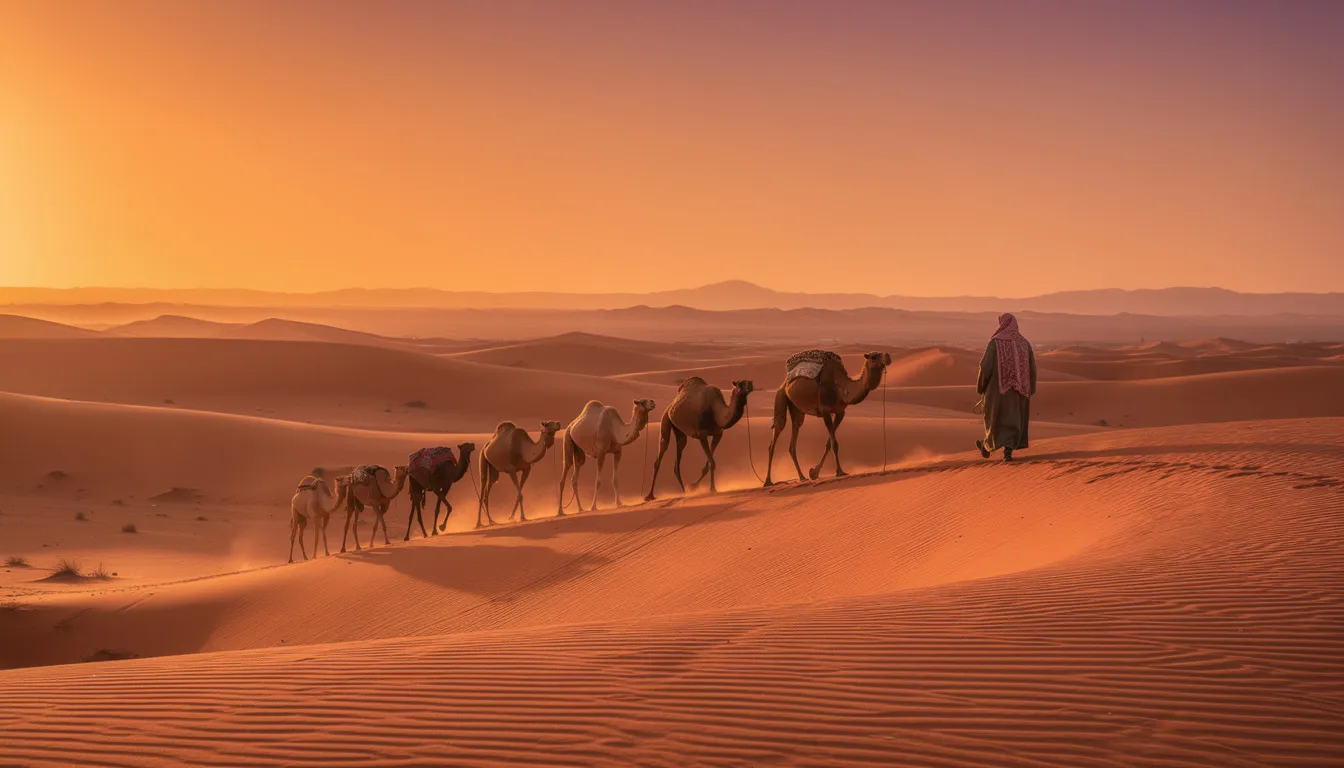 A serene scene of camels walking gracefully across vibrant orange sand dunes at sunset in the Moroccan Sahara Desert, capturing the essence of an unforgettable journey through Morocco's beautiful landscapes. This image embodies the spirit of camel trekking, a unique experience offered by local travel agencies for those seeking adventure in the stunning desert.