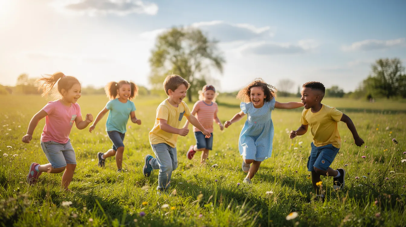 Auf der Wiese spielen fröhliche Kinder im Sonnenlicht, während sie mit bunten Bällen und Spielzeug herumtollen. Die Szene vermittelt Freude und Unbeschwertheit, und erinnert daran, wie wichtig gutes Sehen für das Spielen in der Natur ist, besonders für kurzsichtige oder weitsichtige Kinder.