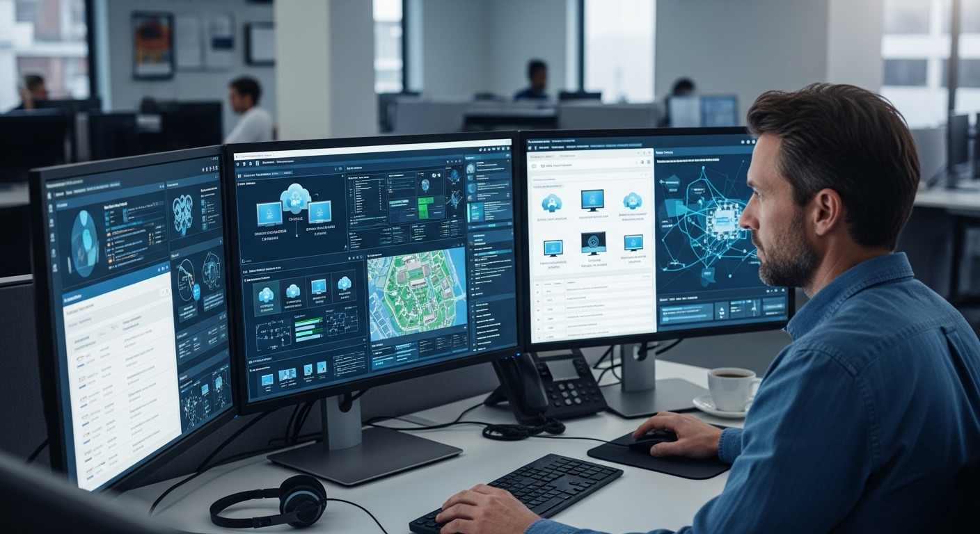 University IT admin monitoring security dashboard with cloud-based desktops and controlled access.