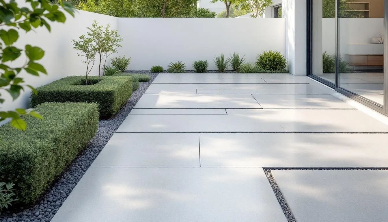 A beautiful patio showcasing porcelain paving slabs in a garden setting.