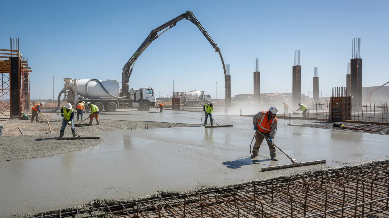 Construction workers pour a commercial slab while a concrete pump truck operates in the background, illustrating field activity that depends on timely testing and release decisions.