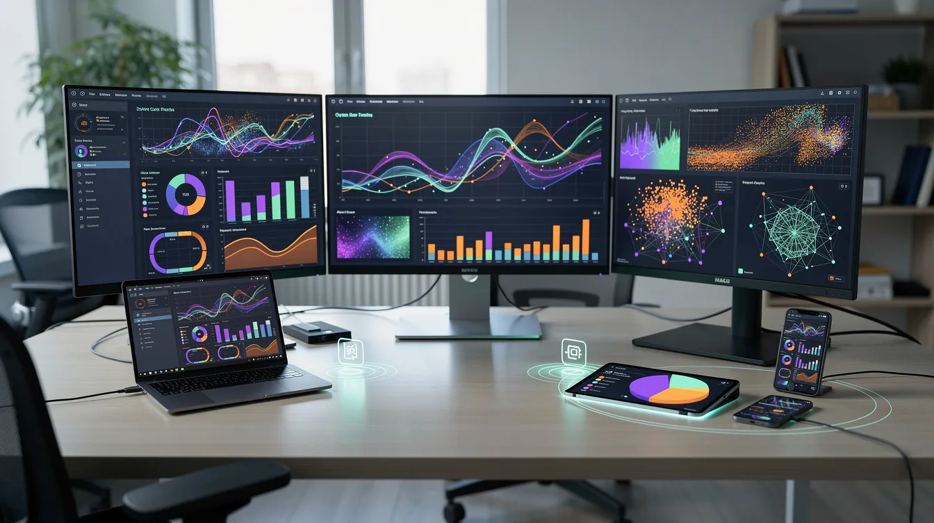 The image depicts a modern workspace filled with interconnected screens and devices showcasing vibrant data visualizations, representing various digital marketing strategies. These visuals highlight elements such as marketing analytics and customer engagement, essential for a successful digital marketing plan.