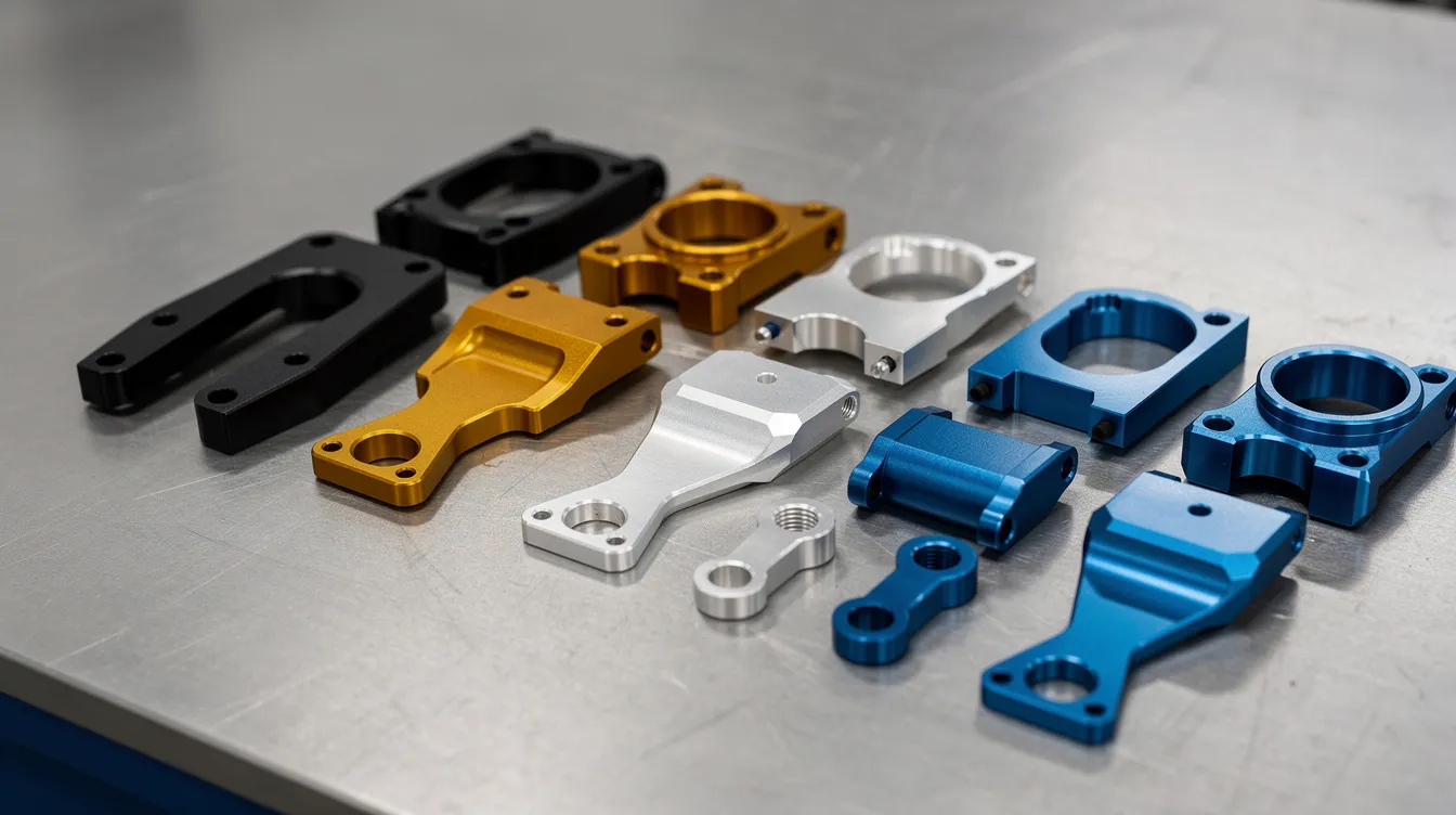 An array of anodized aluminum CNC parts in vibrant colors, including black, gold, and blue, is neatly arranged on a work surface, showcasing the precision machining capabilities of CNC services. These custom CNC machined parts highlight excellent corrosion resistance and are suitable for various industrial applications.