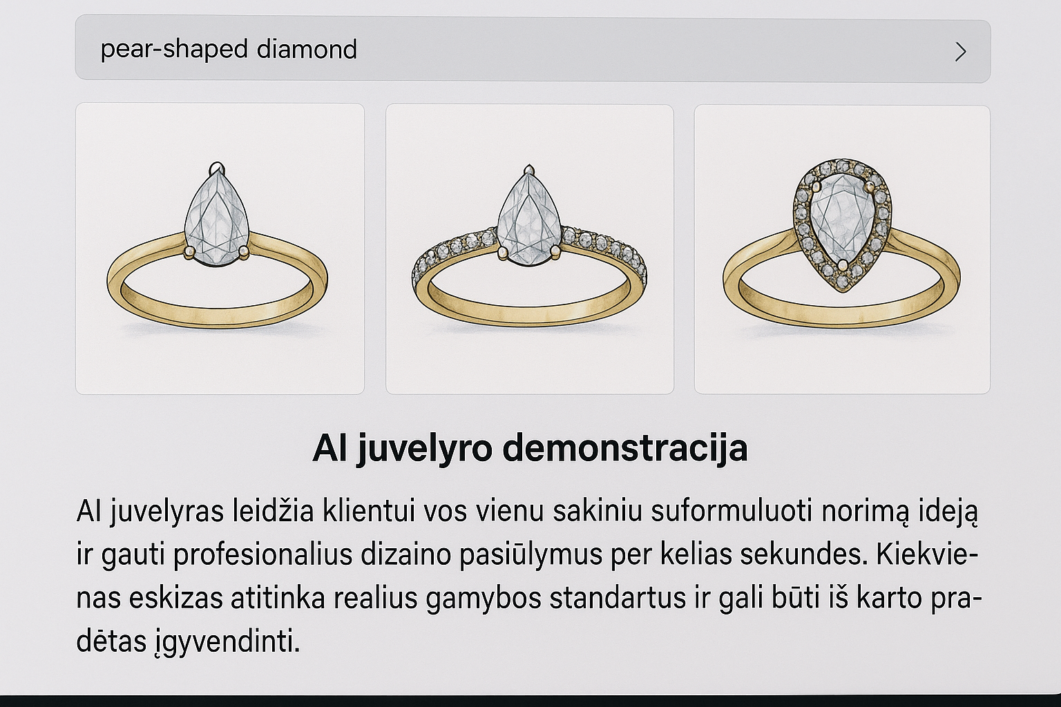 AI juvelyro demonstracija ekrane – trys skirtingi sužadėtuvių žiedų dizainai su lašo formos deimantu klasikinis dizainas, modernus su šonuose įstatytais deimantais ir halo dizainas su deimantų vainiku.