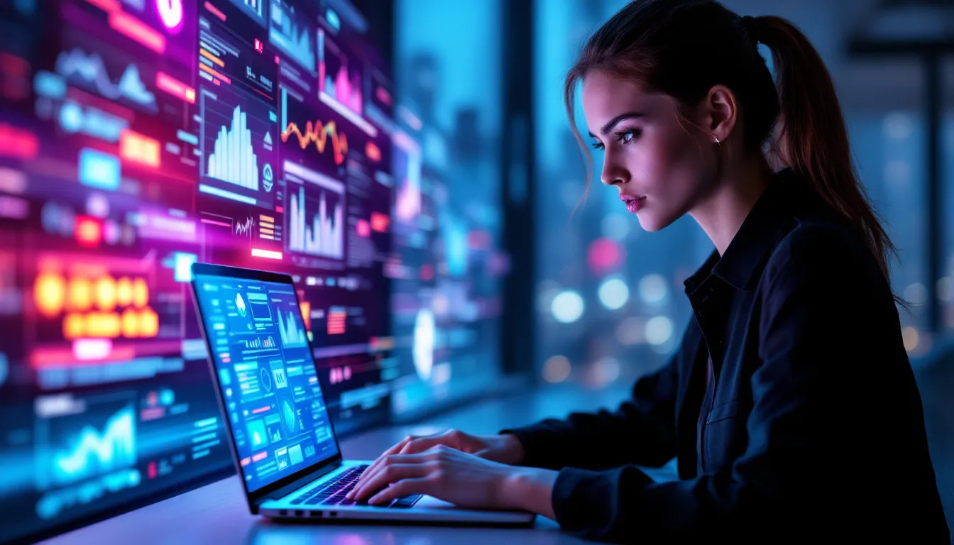 A social media digital marketer analyzing data on a laptop.
