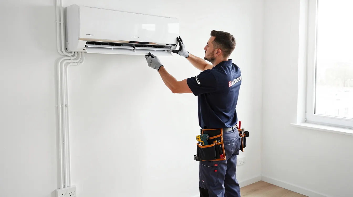 A professional aircon technician is installing a split system indoor unit on a white wall, demonstrating expert installation of air conditioning systems. The technician is focused on ensuring proper electrical connections for efficient cooling and heating in the room.