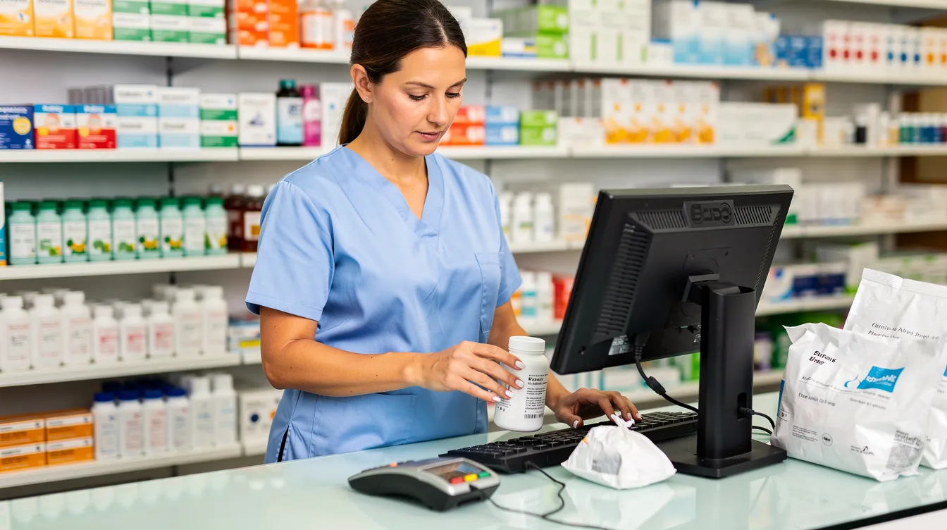 A certified pharmacy technician in scrubs is assisting customers at a retail pharmacy counter, with shelves of medications visible in the background. This pharmacy setting highlights the role of pharmacy technicians in patient care and medication orders, showcasing their essential skills in the healthcare industry.