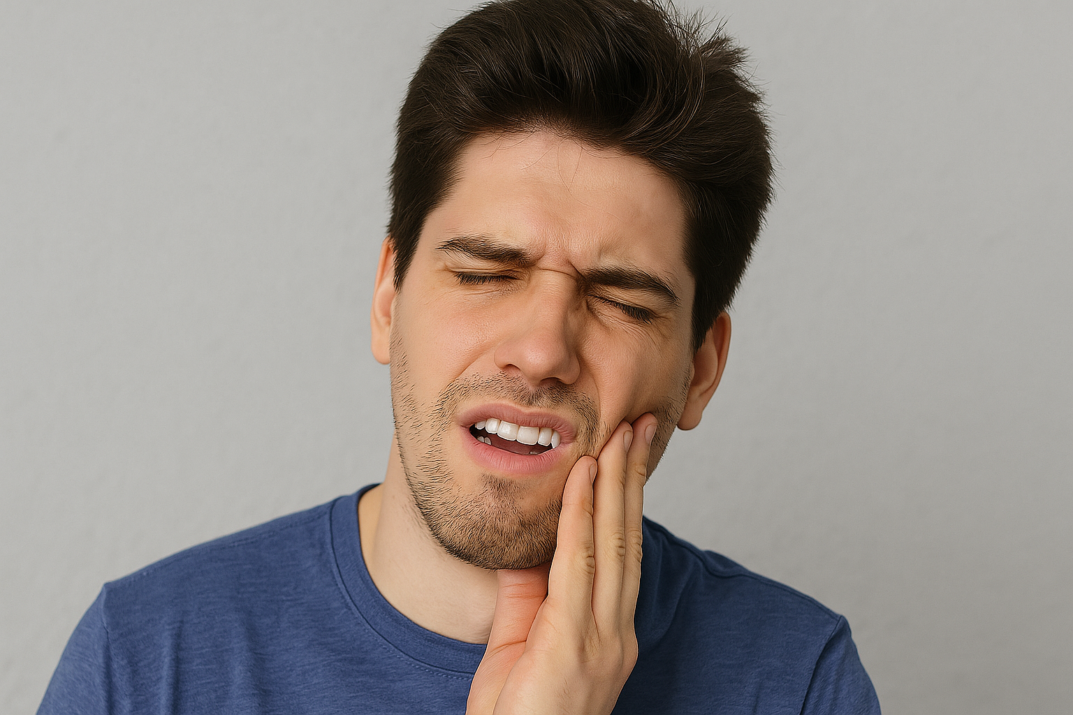 Visdomstenner: Når De Kommer, Hvorfor De Går 14 Mann i 20-årene holder kinnet og viser smerte, illustrerer visdomstenner som kommer og går med ubehag.