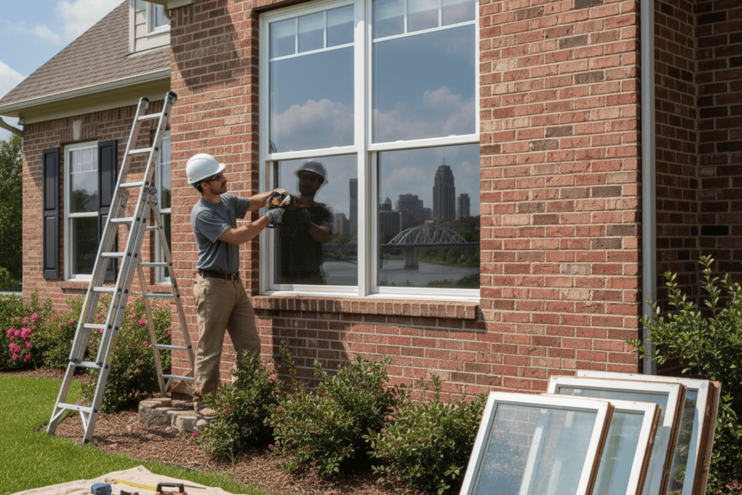 A professional window installer is seen working on a home in Columbia, MO, fitting modern, energy-efficient windows with advanced tools. This window replacement project features double hung and vinyl windows designed to enhance energy efficiency and curb appeal, ultimately helping homeowners lower their energy bills.