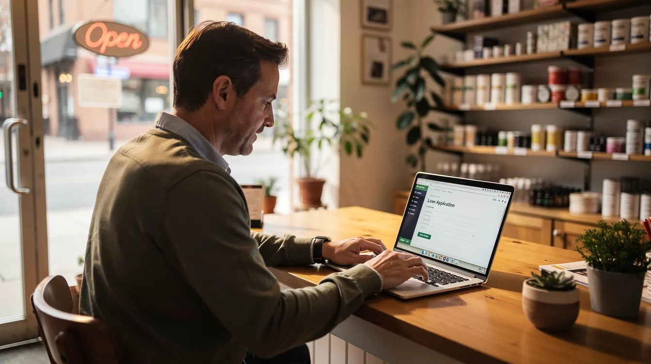 412c4b8b 0052 40c6 91fb 37a20d4d19a6 A small business owner is seated at their shop, focused on their laptop as they fill out an online loan application to apply for a Mudra loan without visiting the bank. This individual appears to be an eligible borrower, potentially seeking financial assistance to support their micro enterprise and cover necessary capital assets.