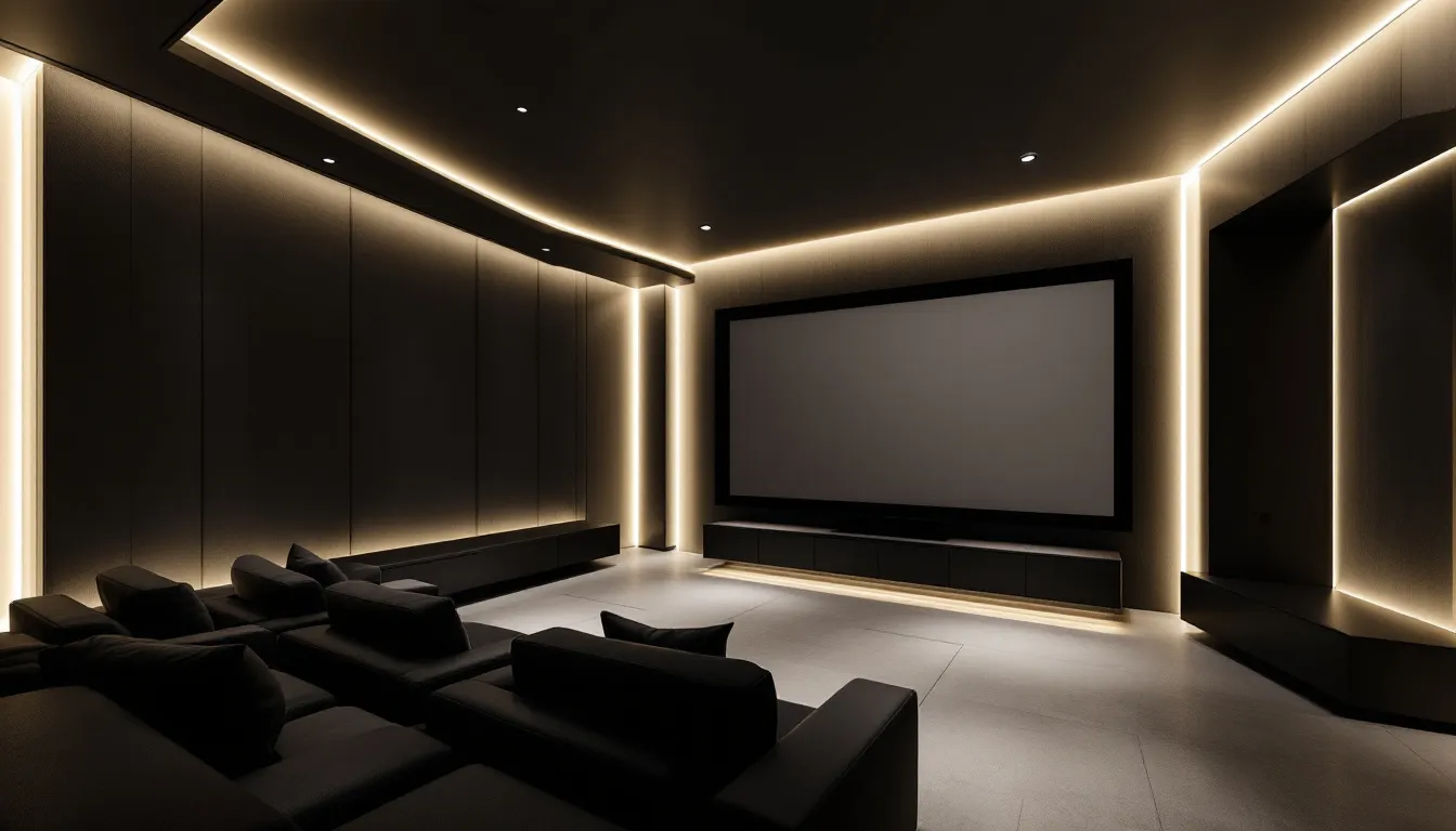 Smart lighting solutions in a modern home theater setup, showcasing various lighting options.
