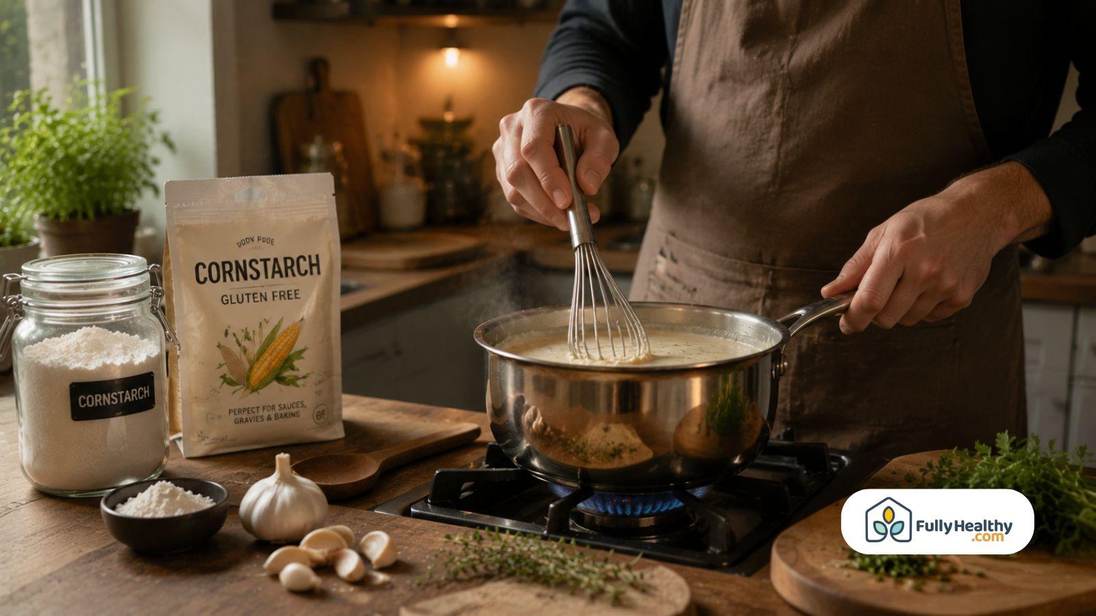 Cook whisking gluten free cornstarch into sauce for homemade cooking and baking
